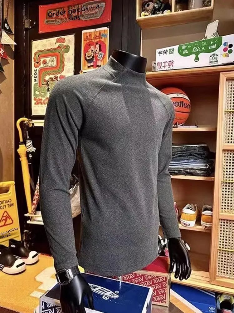 Kaus Dasar Lengan Panjang Slim Fit Pria Kerah Tinggi Dua Sisi Kaus Pakaian Olahraga Luar Ruangan Fitn Latihan Fce