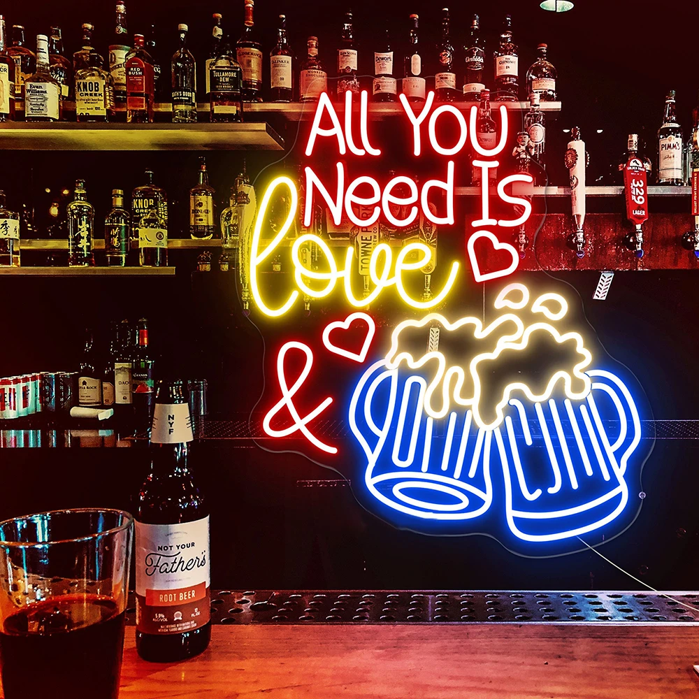 All You Need Is Love and Beer Neon Sign Custom Beer Bar Logo Neon Light Man Cave Wall Art Beer Club Decoration Neon Signs