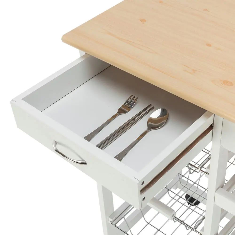Stylish Moveable Kitchen Cart with 2 Drawers, 2 Wine Racks & 3 Baskets - White Storage Solution