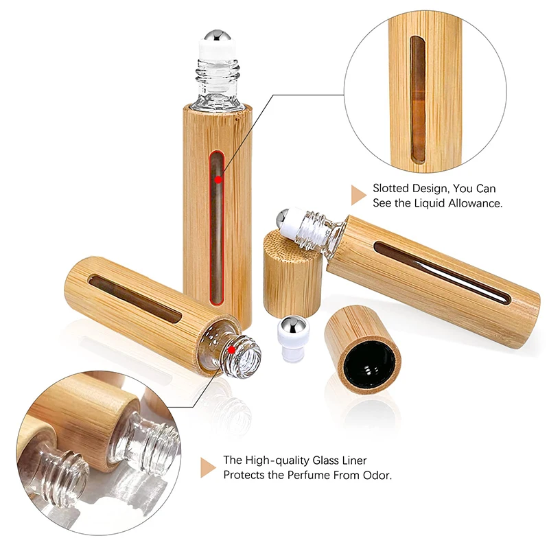 80 Pieces 10ml Bamboo Roll on Bottles for Essential Oil Refillable Perfume Bottles With Stainless Steel Roller