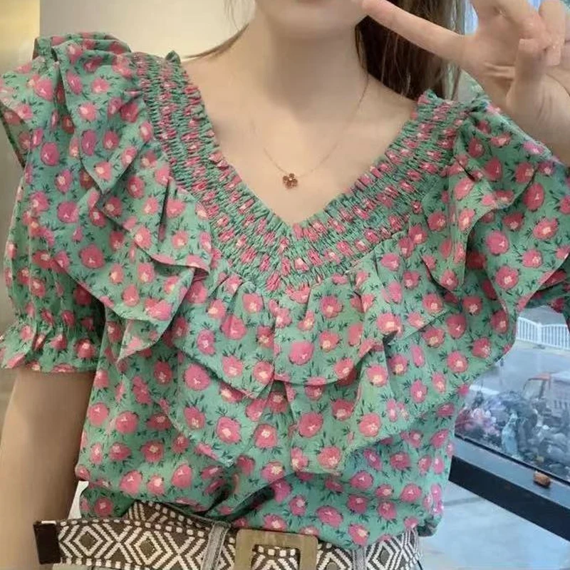 Temperament Ruffles Short Sleeve Blouse Summer New Short Print Patchwork Loose Elegant Shirt Tops Vintage Fashion Women Clothing