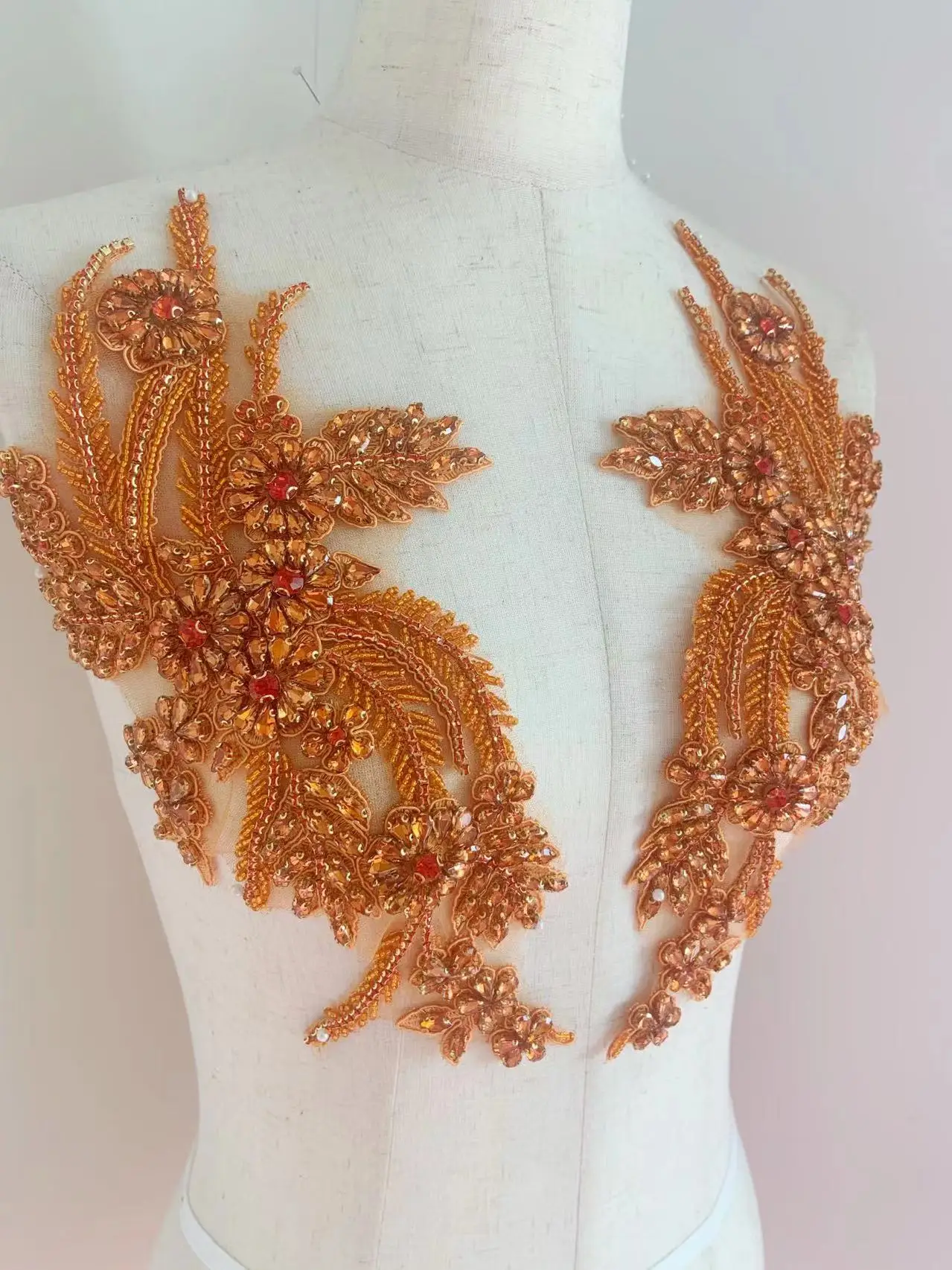 Orange Handmade French Beaded Motif Applique Rhinestone Crystal 3D Flower Bodice Patch for Gall Bown,Wedding Dress,Bridal Decor