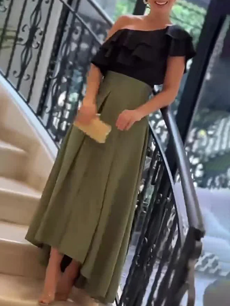 

Lady Sexy Sleeveless Swing A-Line Dress Office Fashion Colorblocking Ruffle Party Dress Elegant Slant Shoulder Design Long Dress