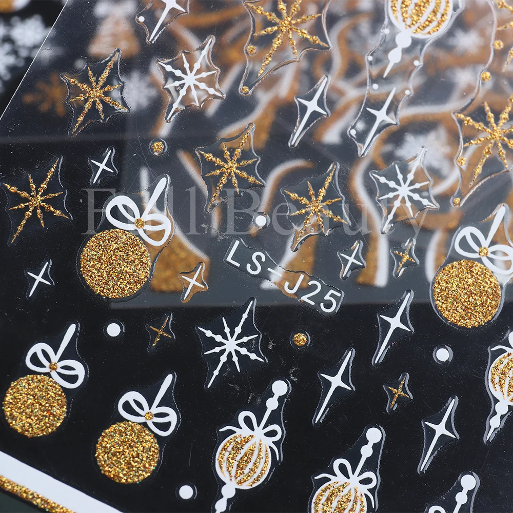 3D Reflective Nail Stickers Gold Glitter Snowflakes Christmas Decoration Lanterns Sliders Snow Tree Decals Stripe Lines GLLS-J25