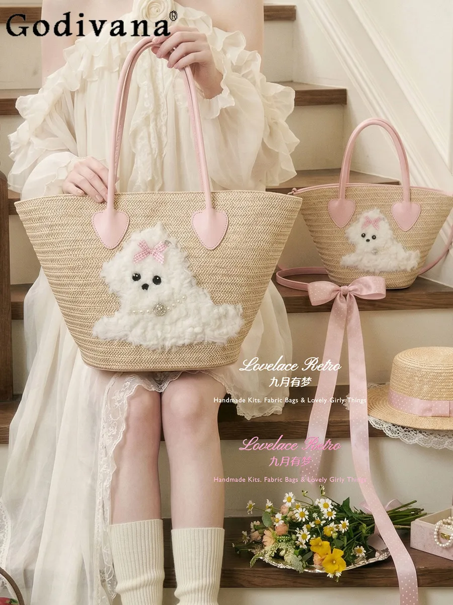 

Japanese Original Sweet Girl Heart Large Capacity Woven Handbag Vacation Commuting Leisure Beach Large Capacity Shoulder Bag