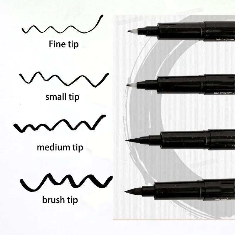 4pcs Hand Lettering Calligraphy Inkable Pens Fine Small Medium Brush Tip Marker Soft Hard Tip Black Ink for Beginners Art