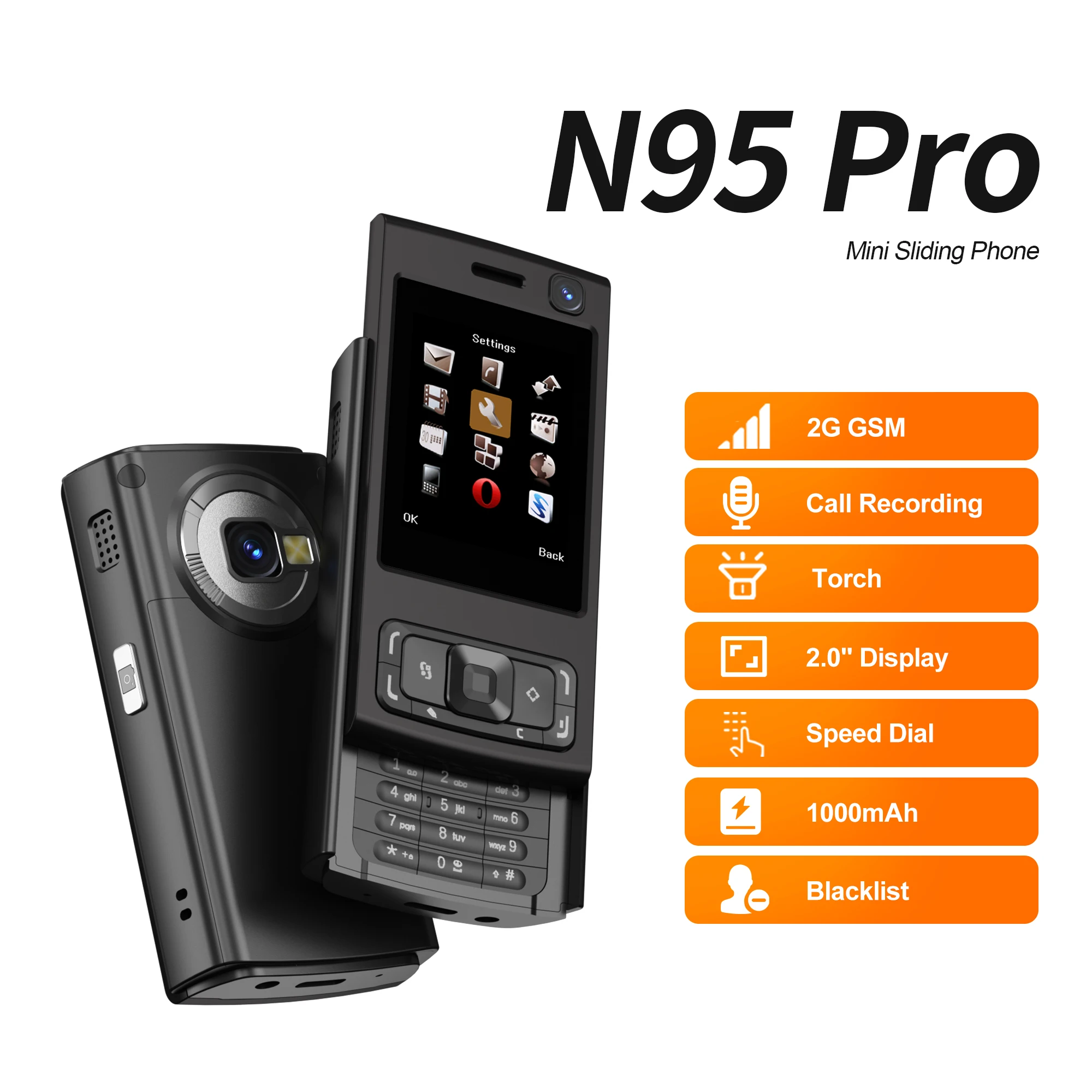 

SERVO N95 PRO Mini Slider Mobile Phone 2.0" Display GSM 2 SIM Card Speed Dial Magic Voice Wireless Radio Small Cellphones Type-C