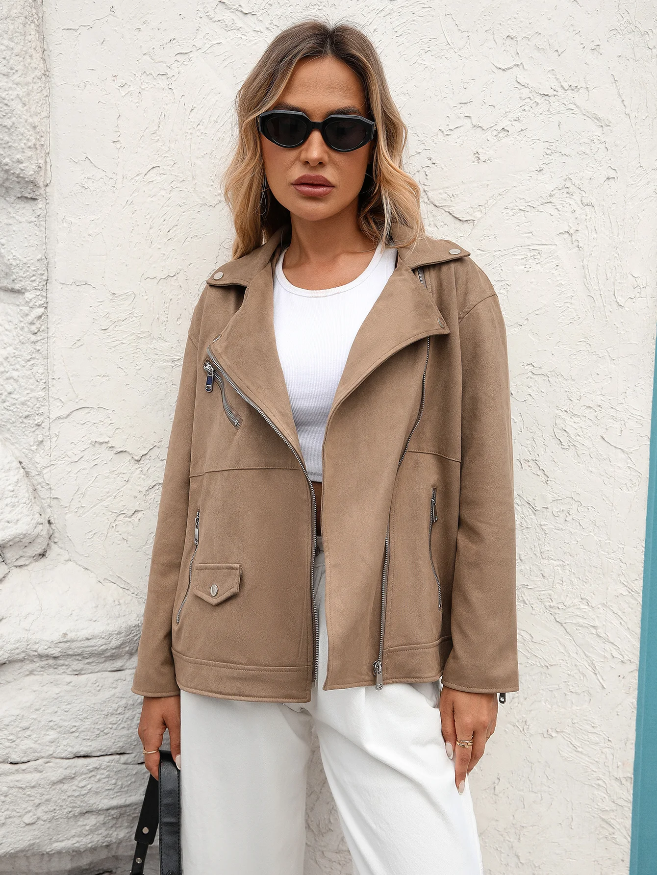 المرأة فو الجلد المدبوغ سترة التلبيب الياقة دراجة نارية زمم كم طويل موتور السائق معطف قصير سترة #3