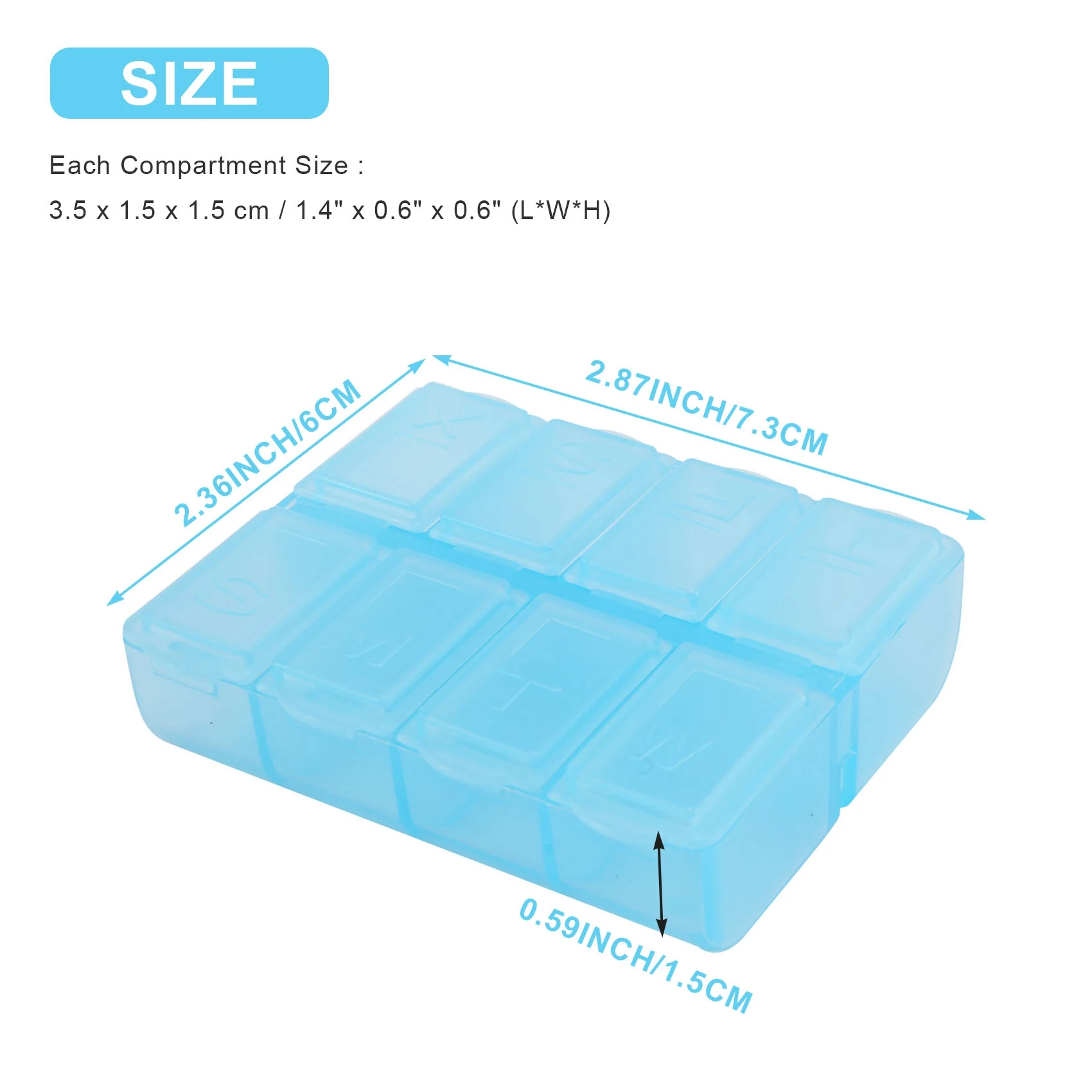 Y02AP Pastillero rectangular de plástico con 8 compartimentos, 7 días, azul