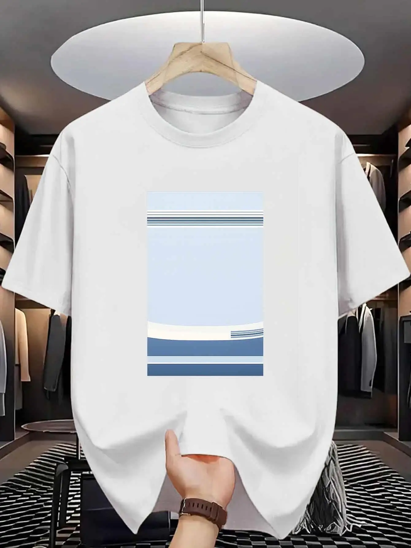 Men'S Blue And White Striped T-Shirt Featuring a Wave Print Design, Made from High-Quality Pure for Lasting Casual Style