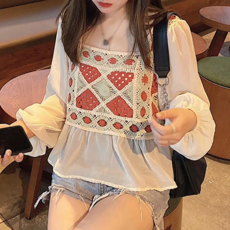 Western Style Design Autumn Korean Fashion Long-sleeved Chiffon Shirt Tanks