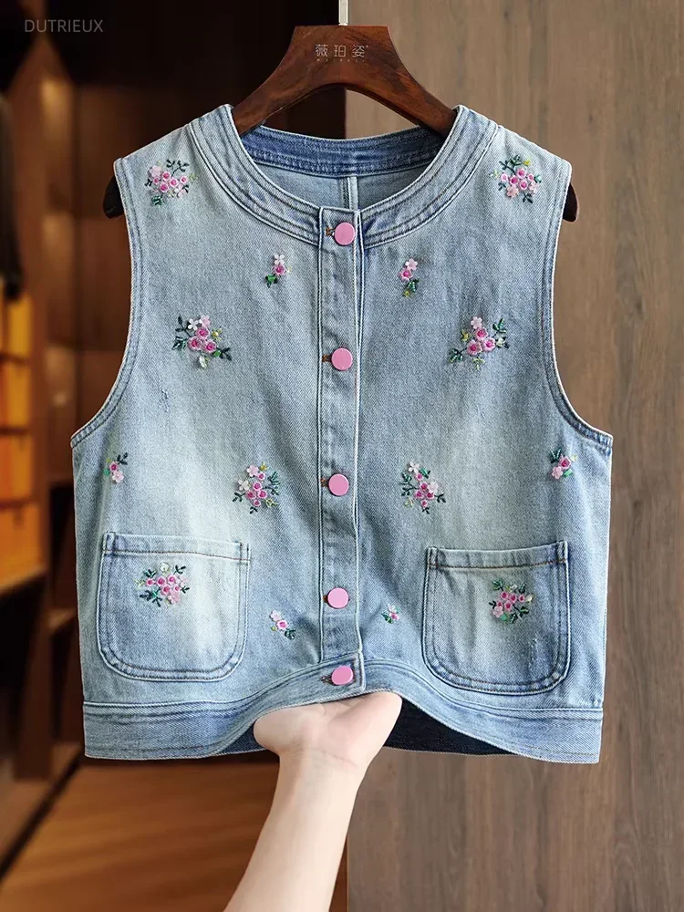 Blue Cotton Denim Vest Coats Women's Clothing 2026 Sleeveless O-neck Tanks Loose Vintage Coats Casual Embroidery Waistcoats Tops