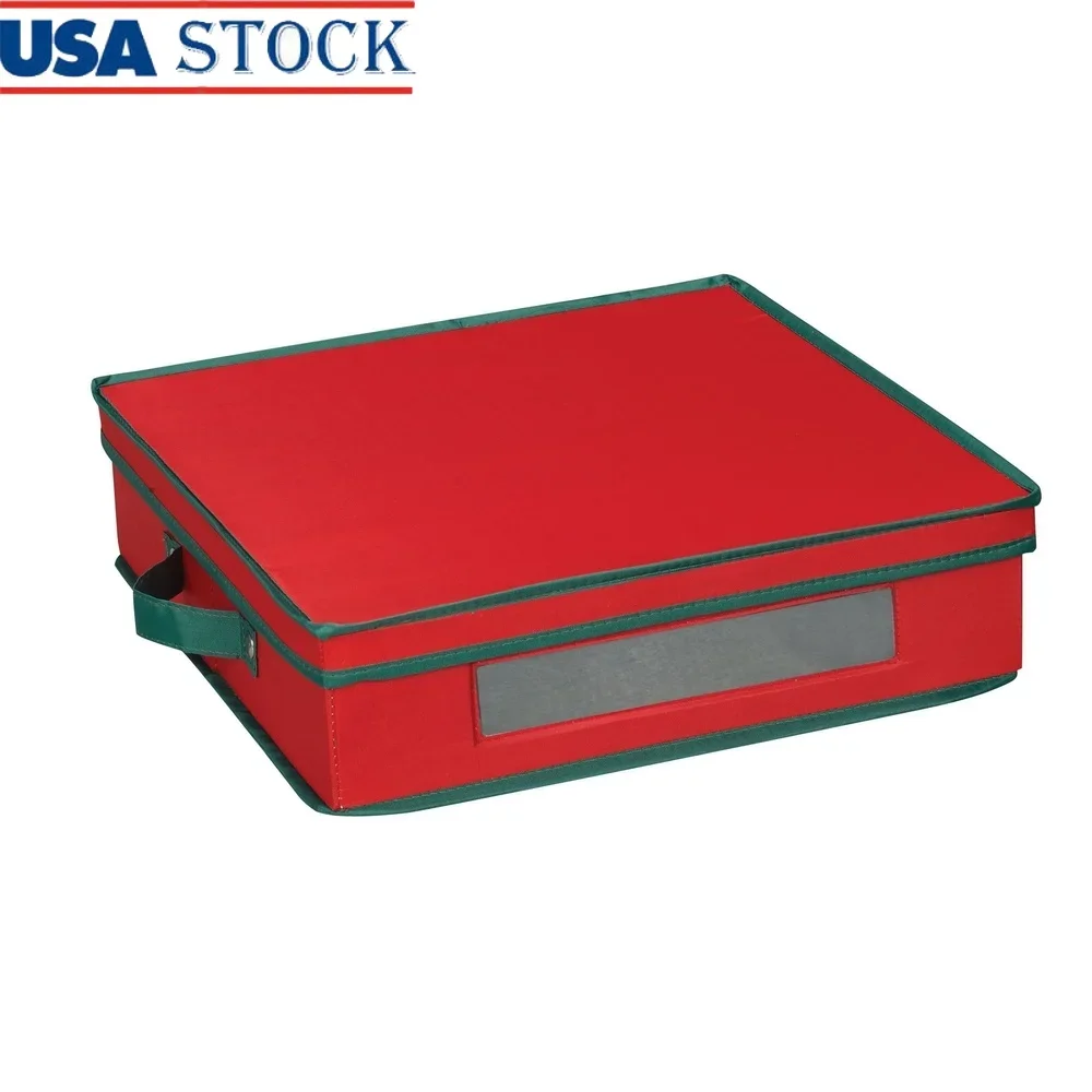 

Holiday Charger Plate Storage Box 12 Plates Red and Green Festive Organizer with Felt Cushions Sturdy Design Windowed Side with