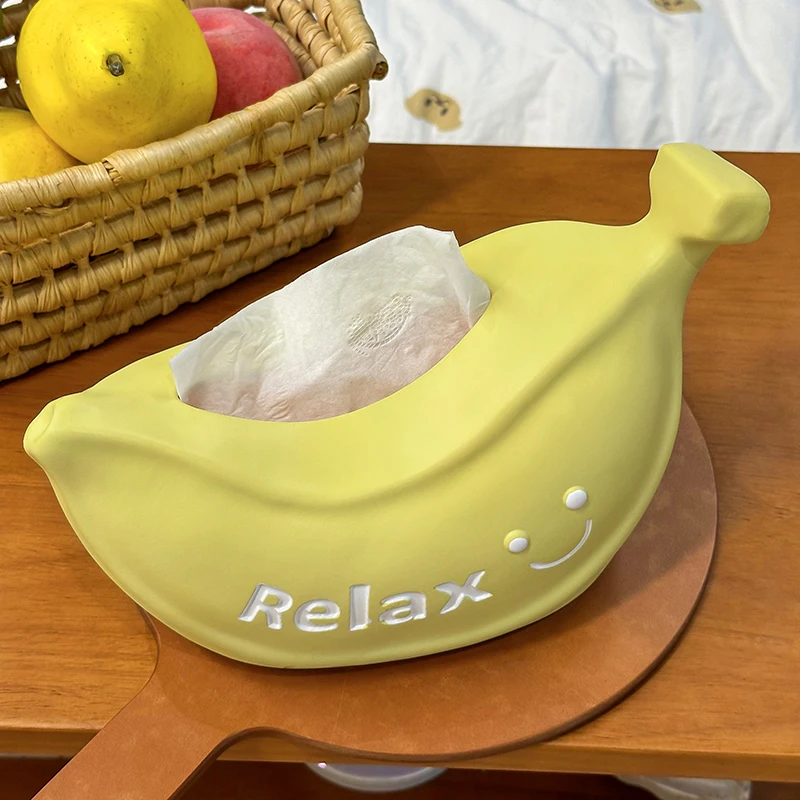 Entspannende Bananen-Taschentuchbox Kreative Lächeln-Gesichts-Papierbox Wohnzimmer Schlafzimmer Desktop-Dekoration Ornament Geschenk