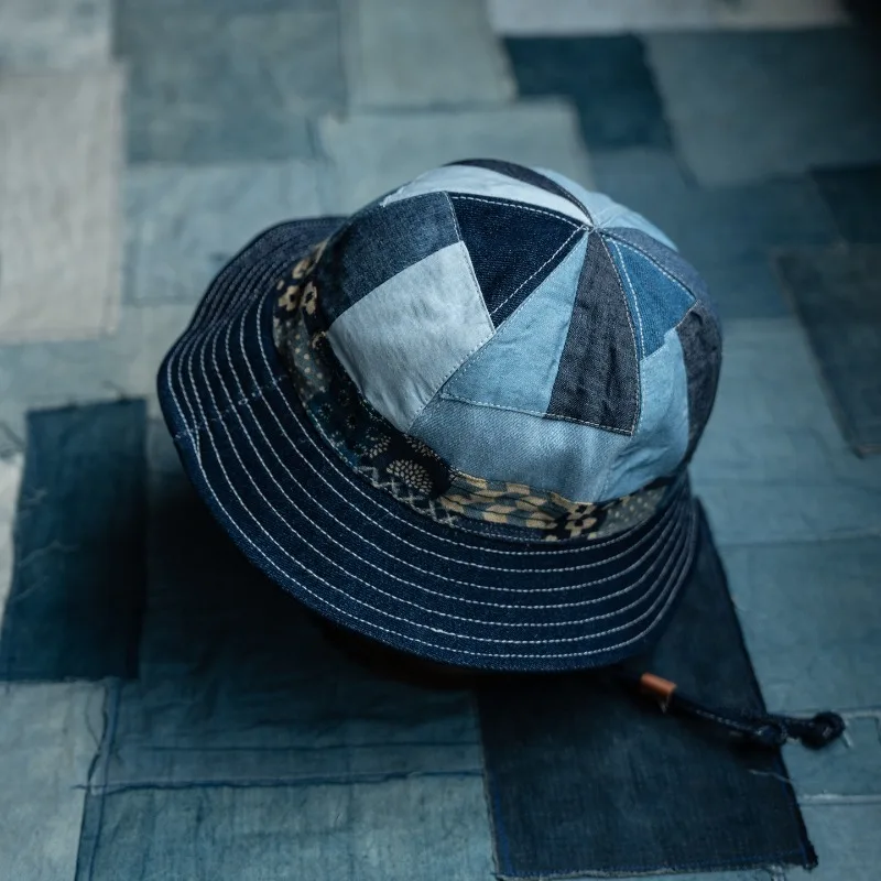 High Quality Japanese Style Handmade Patchwork Bucket Hat Indigo Dyed Ethnic Style Sun Protection Hat