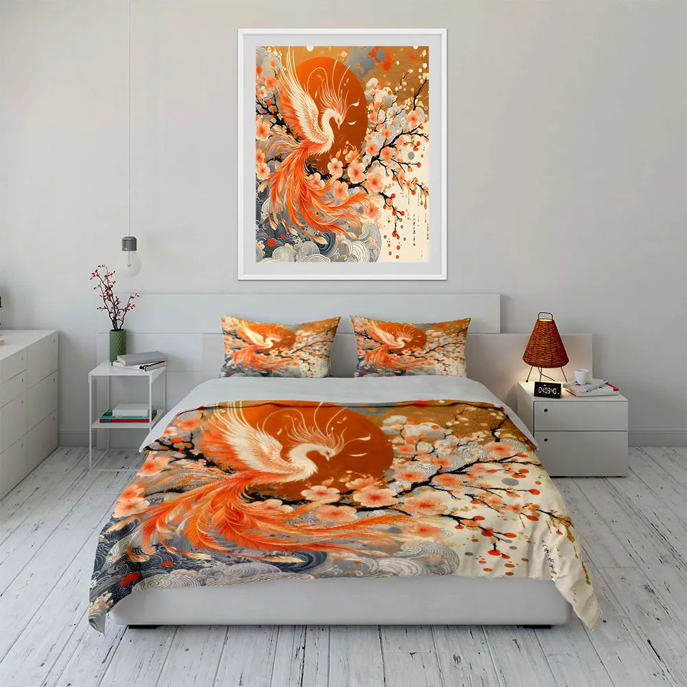 Phoenix with Cherry Blossoms and Rising Sun Bedding Set for Kids Luxury Gift 3pcs Digital Print Comforter Set Soft Comfortable