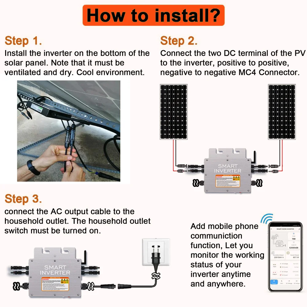 Inverter surya murni dengan Wifi, 600W 700W 800W 1000W, Inverter mikro tenaga surya tahan air Input IP65 20-60v Output 110V 230V dengan pendingin gelombang sinus murni