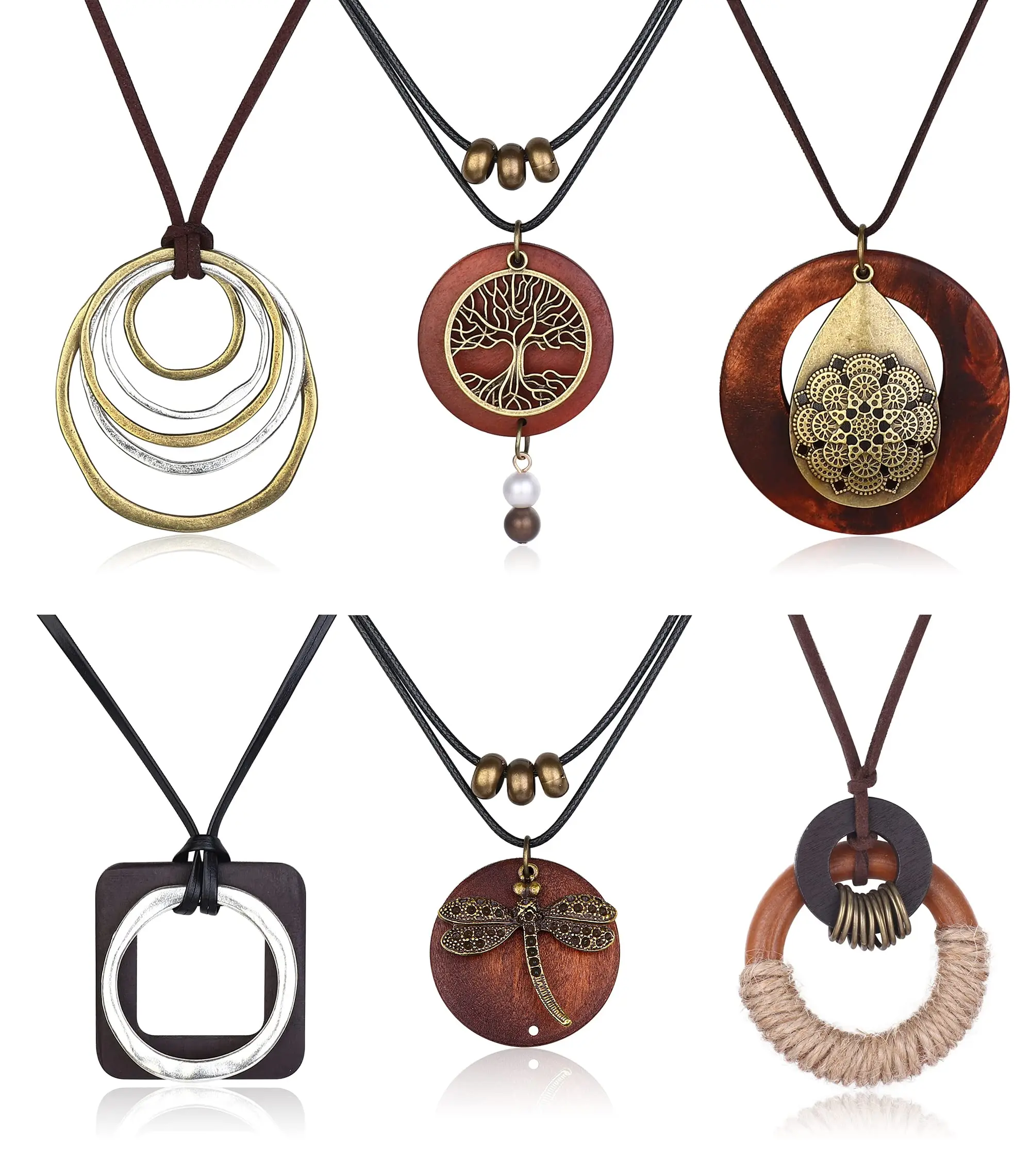 

Drperfec 6Pcs Pendant Necklaces Set for Women Boho Vintage Wood Fall Sweater Necklace Peace Sign Y Necklace Jewelry Accessories