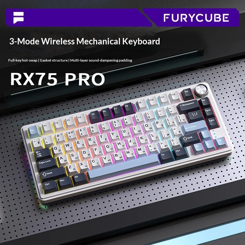 

Furycube Rx75 Pro Tri Mode Russian Customizable Mechanical Keyboard Side Engraved Hot Swappable Gasket For Office Gaming Esports