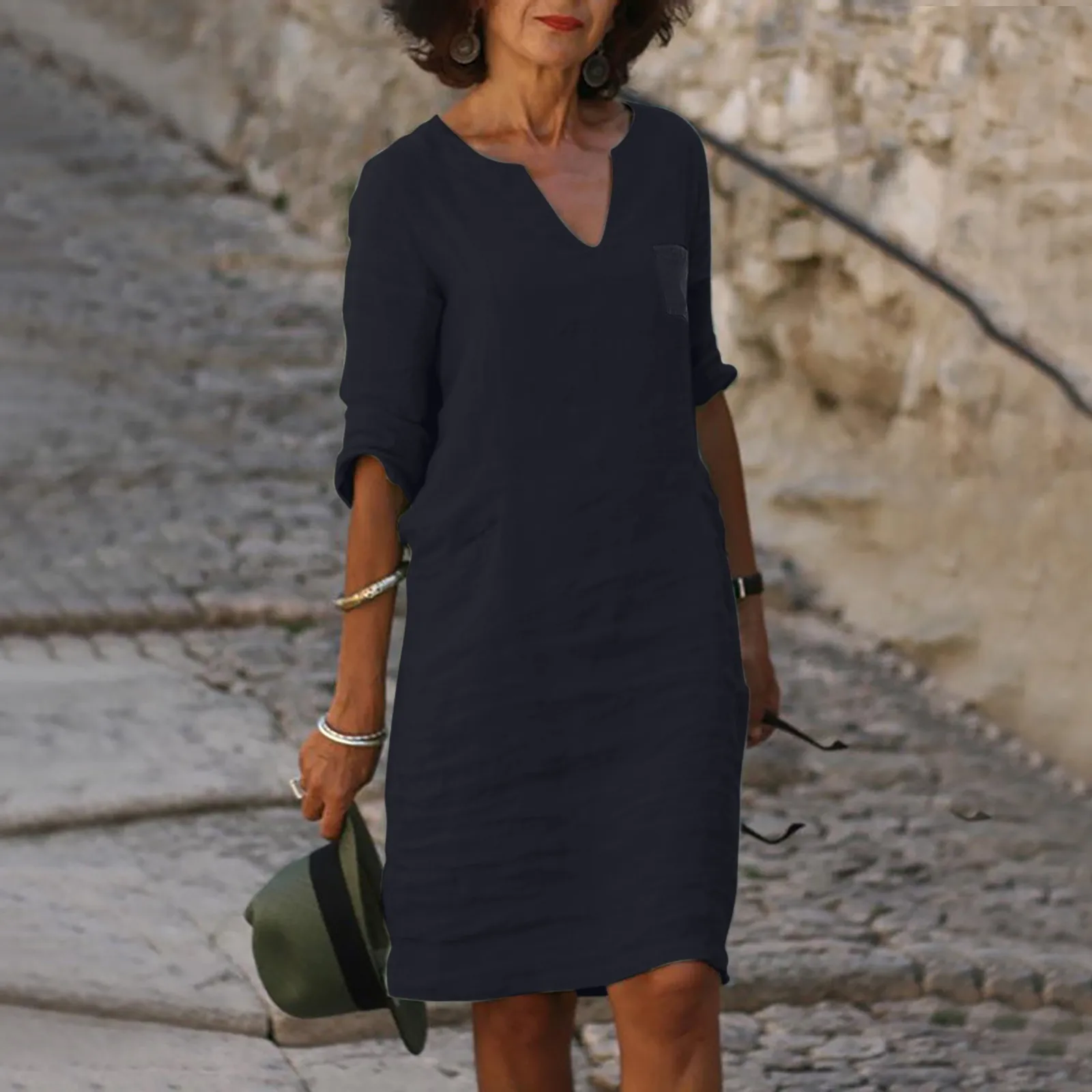 Robe courte à manches mi-longues et col en V pour femmes, élégante, décontractée, vacances chaudes, imprimée, mini chemise, couleur unie, vacances éducatives, 2024