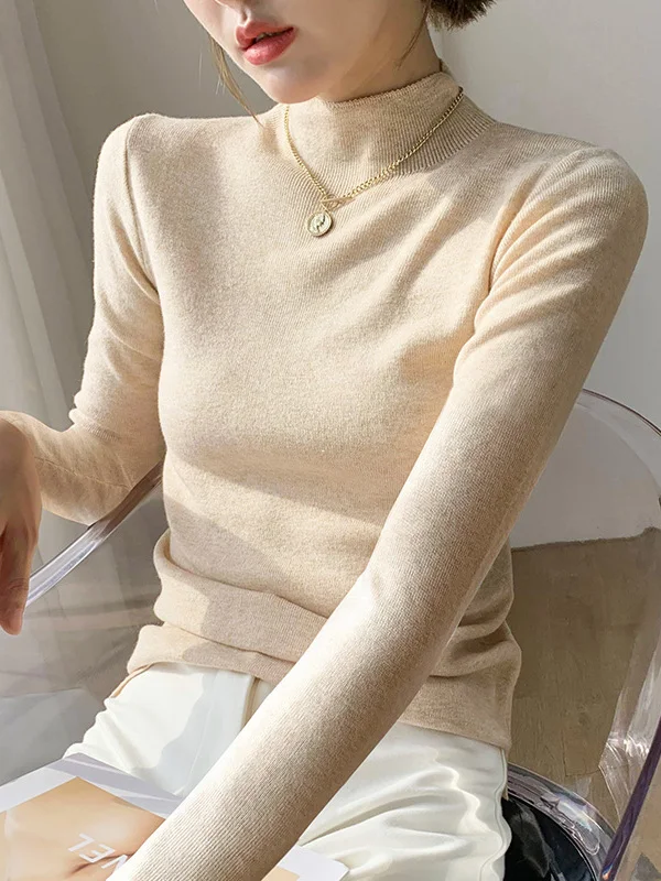 Slim Fit Long Sve Wool Base irt f High Ne Jersey de punto Casual Sle Medium Softn Viscose Camere Blend Sprin...