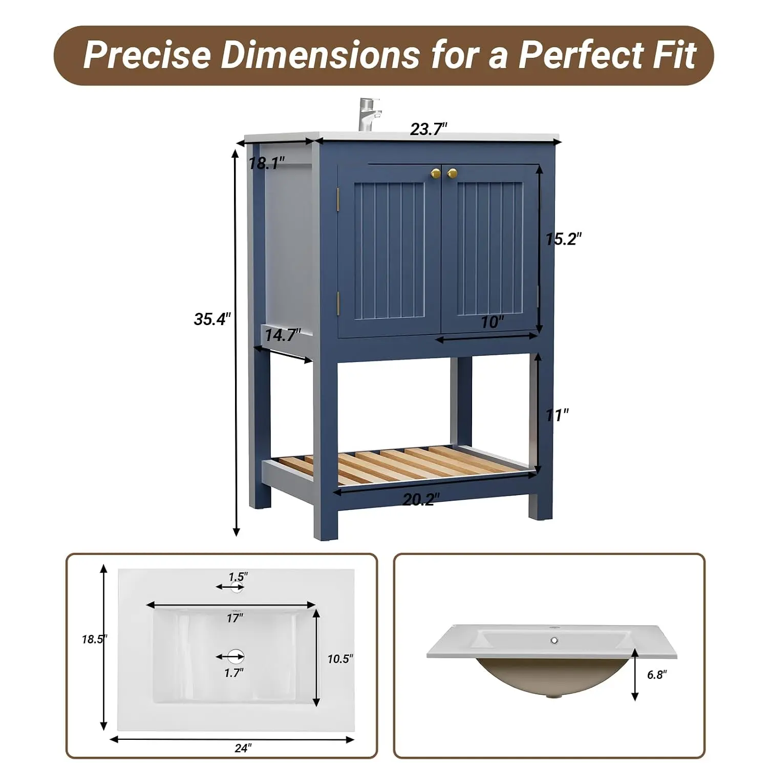 24 Inch Bathroom Vanity with Sink, Modern Bathroom Sink Cabinet with Open Shelf, Ceramic Basin, Blue, Customized