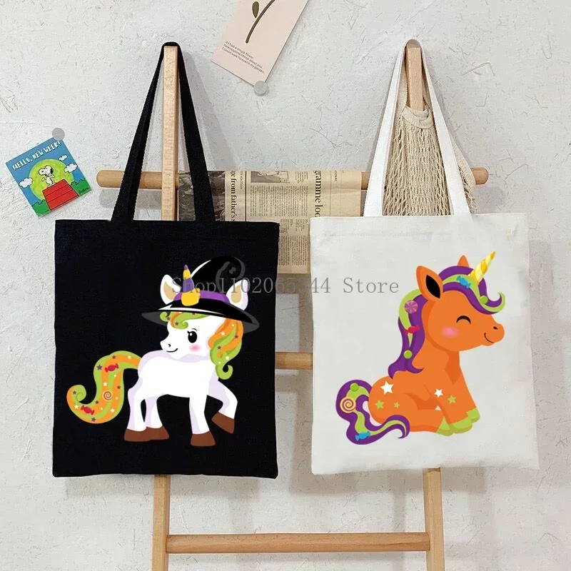 Cute Witch Unicorn Women\'s Halloween Shoulder Bag Fashion Animal teen Tote Bags New Canvas Halloween Trend Lady Commuter Handbag