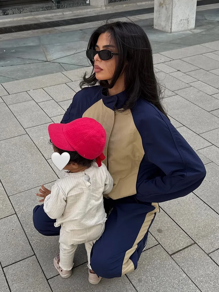 SLTNX  Two‑Piece Woman Tracksuit Set Spliced Top Stripe Long Pants Drawstring Hem Coat Casual Suit Autumn Clothes