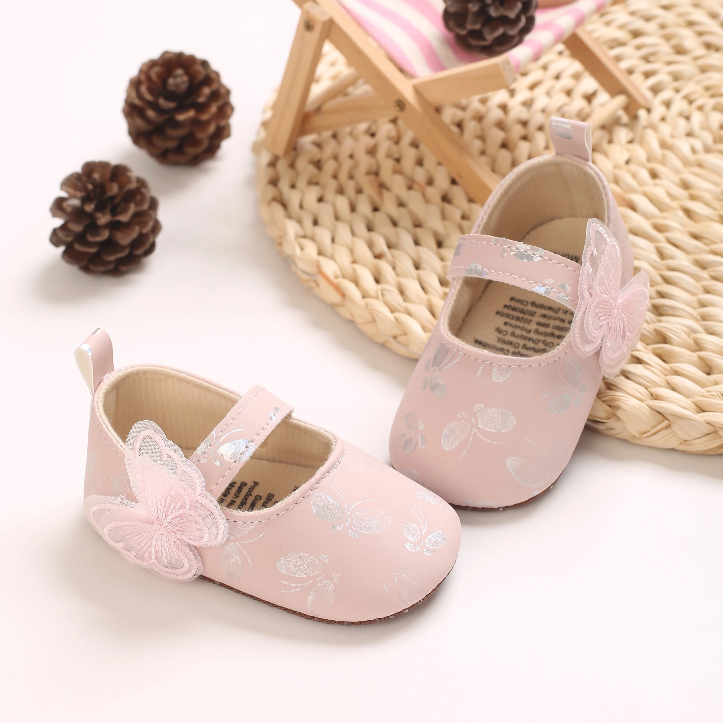 Lace Butterfly 0-18M Baby Girl Crib Shoes Printed Upper Soft Sole Breathable Adjustable Strap Wedding Party Toddler First Walkin