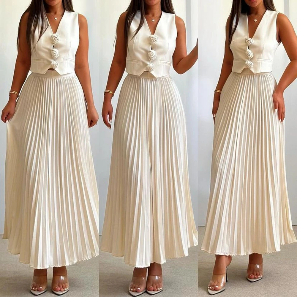 Women 3D Floral Decor Sleeveless Blazer Top & High Waist Pleated Maxi Skirt Set Solid Two Pieces Dress Set Outfits
