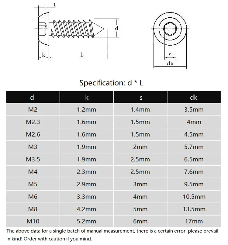 M2 M2.3 M2.6 M3 M3.5 M4 M5 M6 M8 M10 Black 304 Stainless Steel Hex Hexagon Socket Button Round Head Self-tapping Screw Bolt