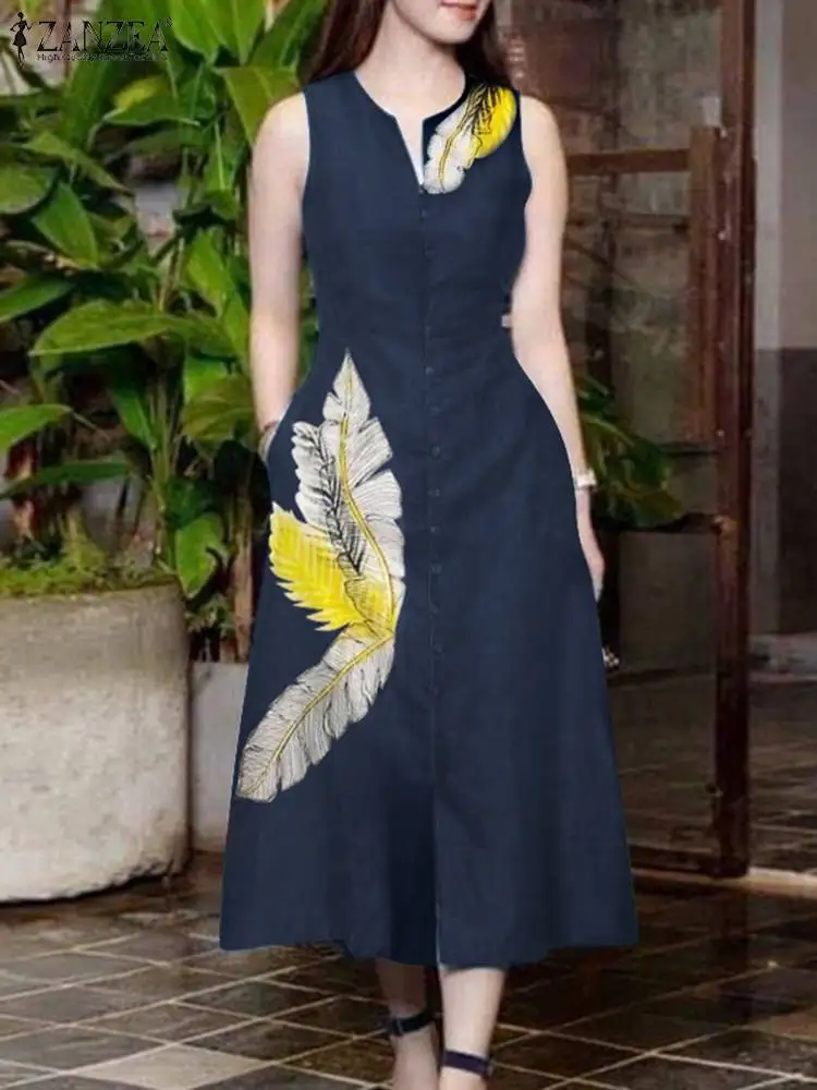 

ZANZEA 2024 Summer Dress Women Elegant V Neck Party Sundress Sleeveless A Line Vestidos Robe Bohemain Stylish Work Party Dresses