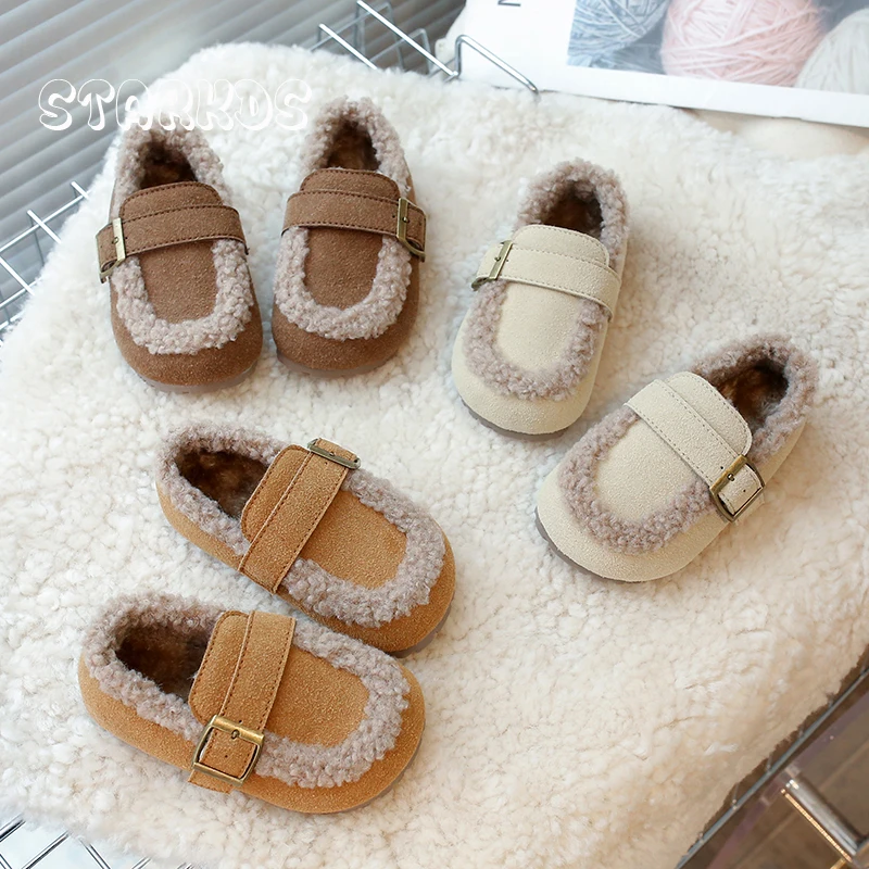 Thick Fur Suede Leather Loafers Kids Girls Winter Warm Plush Flat Shoes Baby Child Round Toe Soft Moccasins with Buckle Strap