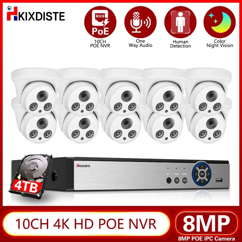 

10CH 8CH 4K POE Security Black/White Color Night Vision Camera System 8MP NVR CCTV Outdoor IP Camera P2P Video Surveillance Set