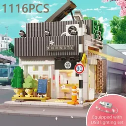 1116PCS City Japanese Summer Restaurant Cafe Building Blocks Street View Model Bricks With Light Toys Kids DIY Toys Holiday Gift