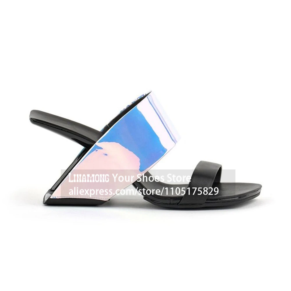Holographic Iridescent Sculptural Heel Mules Mirror Sculpted Heel Black Strap Slippers Open Square Toe Summer Slippers for Women