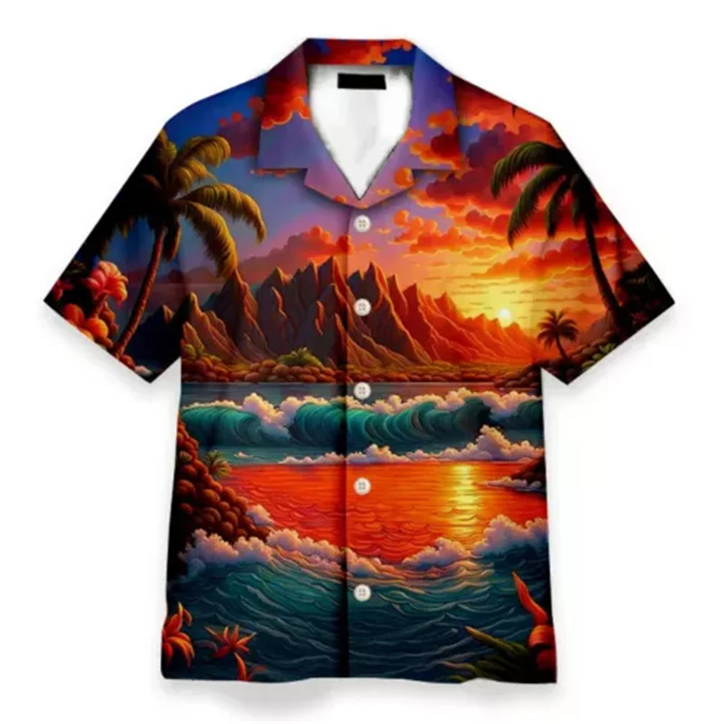 Hawaiian Y2k Summer 3D Printing Beach Sunset Scenery Shirts Men Cocoanut Trees Graphic Shirts & Blouses Funny Short Shirts Tops