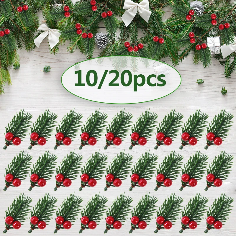 10/20pcs Christmas Red Berry Pine Cone Holly Branches Artificial Pine Needles Xmas Tree Ornament Home Decoration DIY Wreath Gift