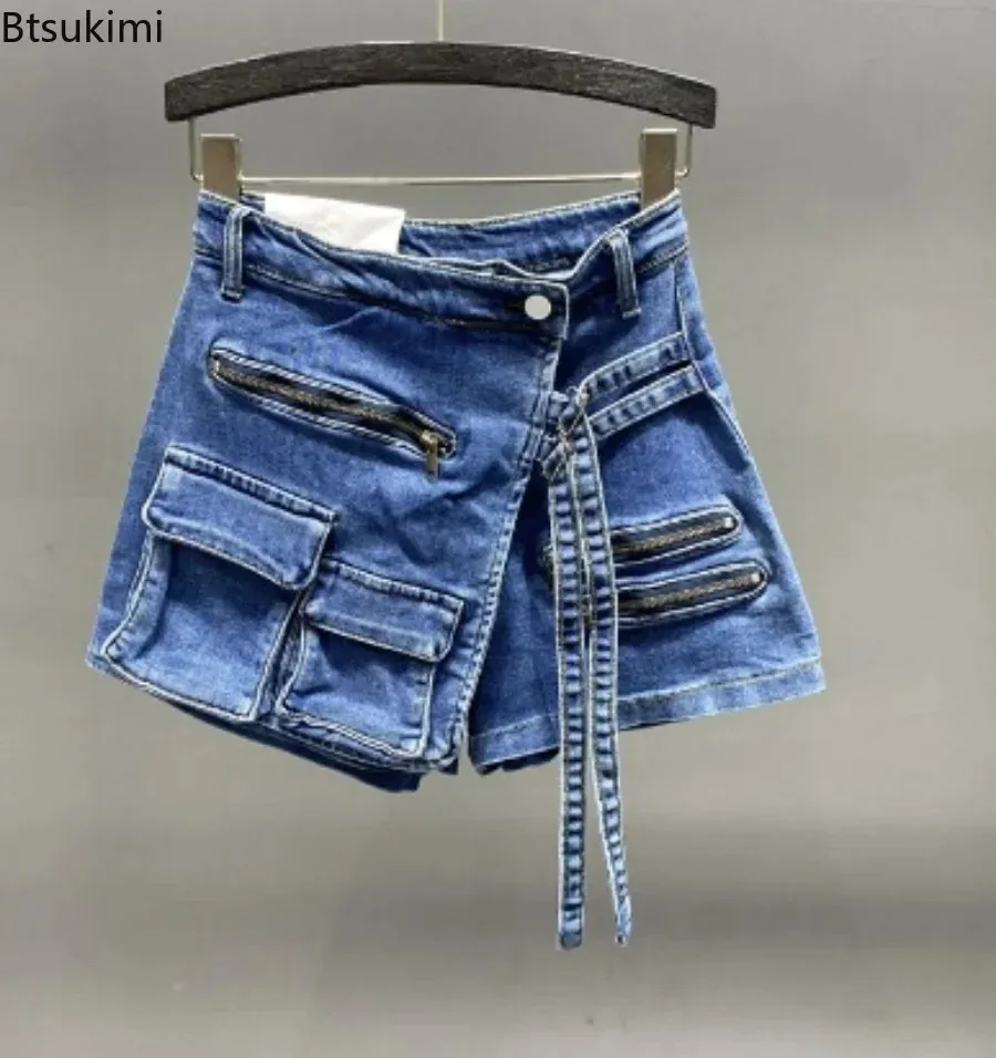 New Women's Denim Shorts Irregular Multiple Pockets Design Summer Short Jeans Y2k Streetwear High Waist Wide Leg Shorts Skirts