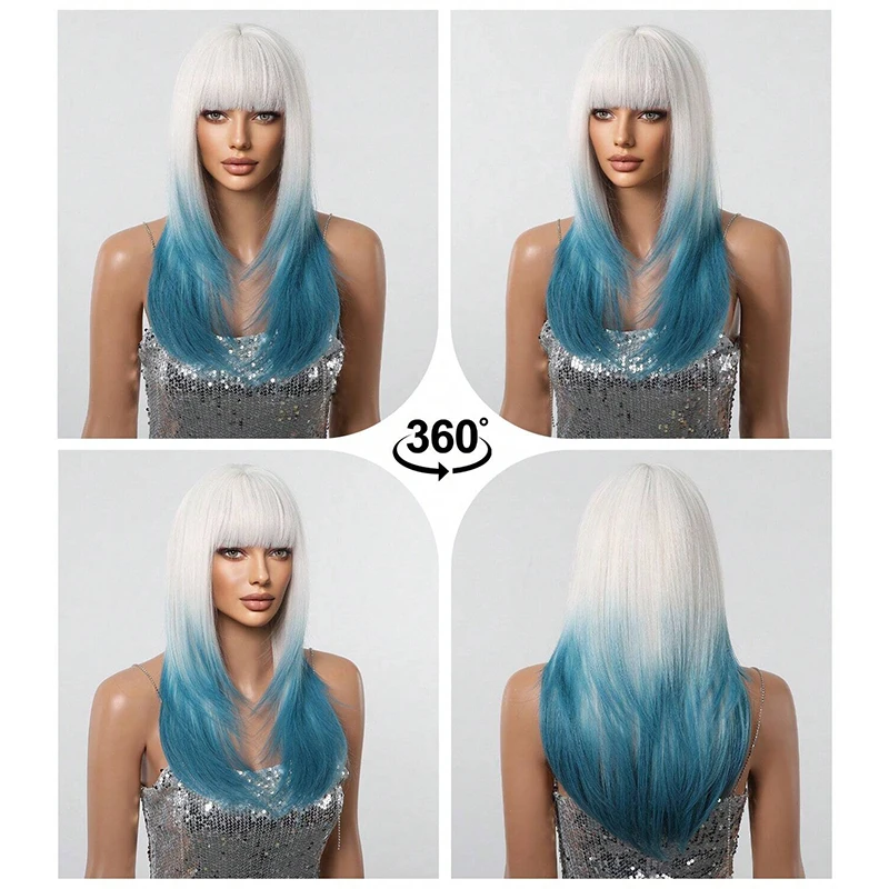 Long Straight Light Blue White Synthetic Wig with Bangs Sky Blue Ombre Cosplay Layered Wig for Women Heat Resistant Natural Hair