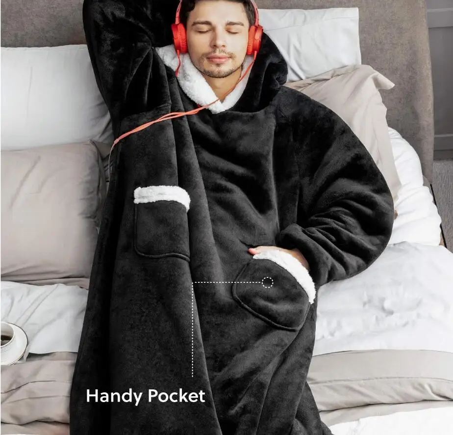 Coperta Con Cappuccio Oversize Per Adulti – Indossabile Con Tasche, Felpa Sherpa Morbida, Grigia