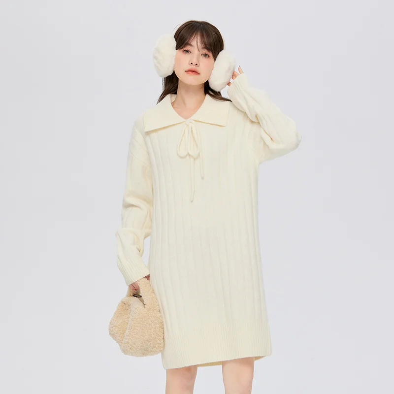 Semir Dress Women Big Lapel Solid Color Girlish Sweet 2023 Winter New Loose Knitted Dress