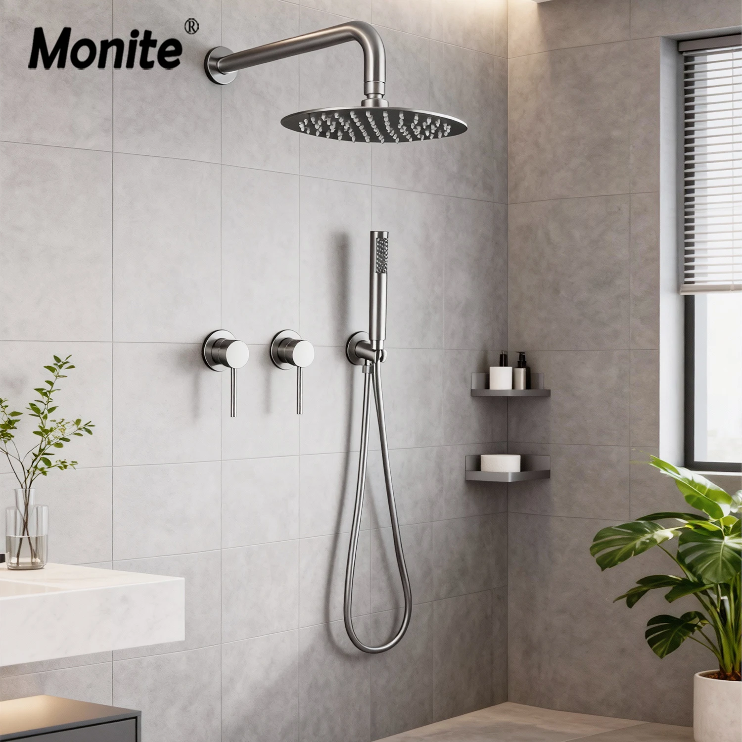 

Monite Rainfall Shower Faucet Set Brushed Nickel Bathroom Shower Brass Mixer Tap Minimalism Double Handle Shower Systerm