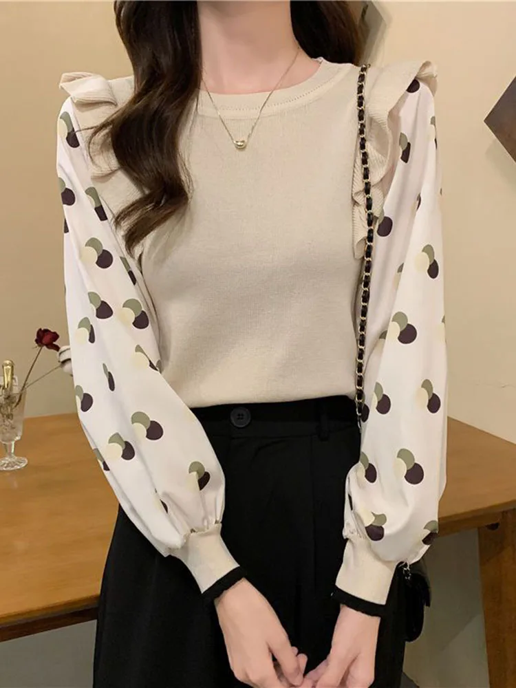 Jmprs Chiffon Patchwork Knitted Sweaters Women Fashion Long Sleeve Sweet Pullovers Korean O Neck Slim All Match Casual Jumpers