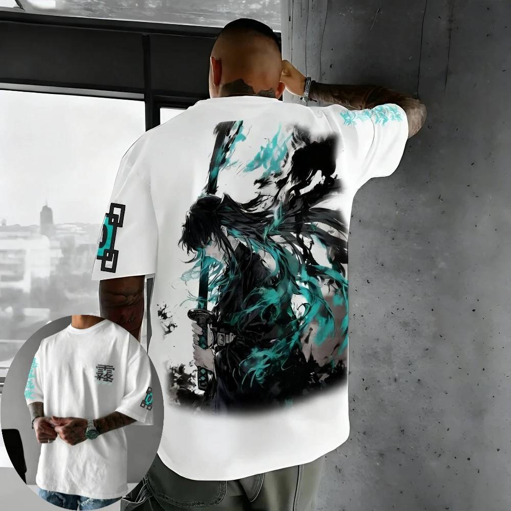 Camiseta masculina demon slayer muichiro tokito verão anime camiseta primavera e outono menino personalidade de manga curta pai-filho wear