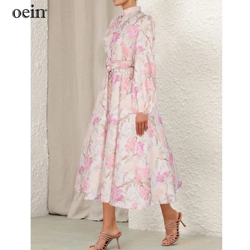 [oein] Australian autumn new fashionable British design stand collar pink lily long wide swing formal dress