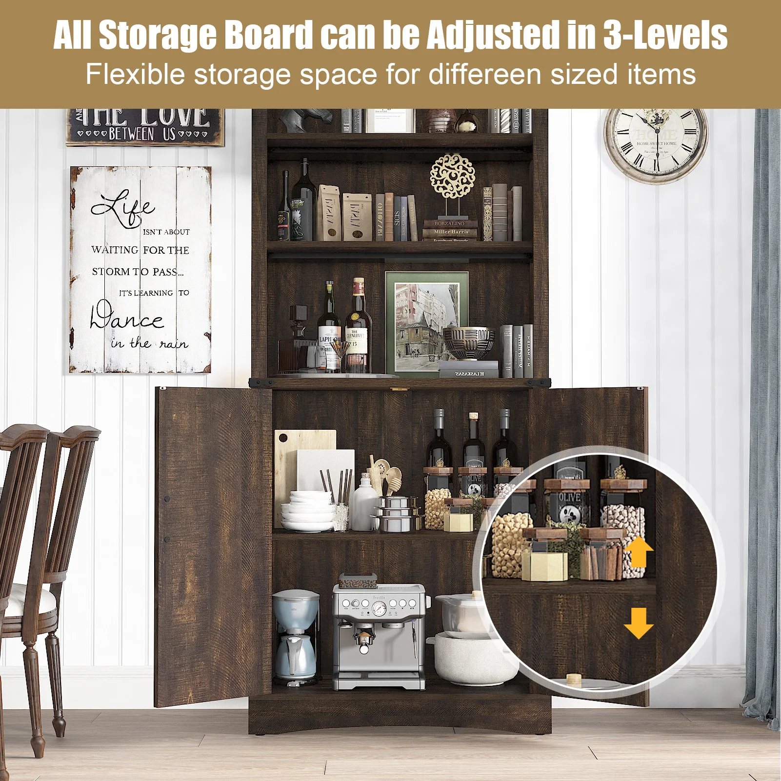 71 in Farmhouse Tall Storage Cabinet with 5 Layers Adjustable Shelves,Kitchen Storage Cabinet with Barn Doors,display cabinet