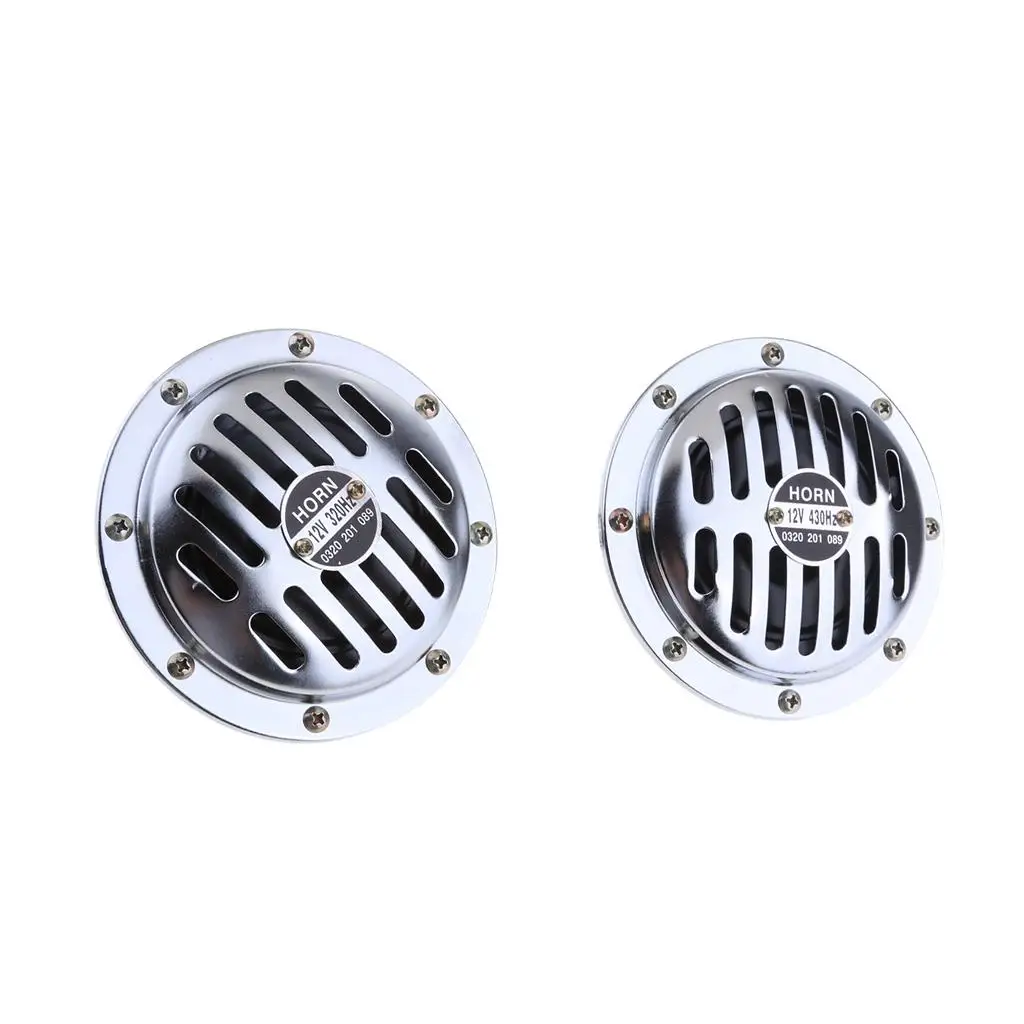 

1 Pair 118Db Car Motorcycle Waterproof Horn Chrome Disc Type Hi Low Horn Set 415/350 Hz