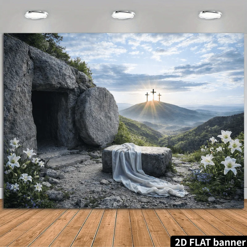 Christian Easter Tapestry - Empty Tomb with Crosses, Lily Flowers, Religious Wall Art, Polyester, Multiple Sizes