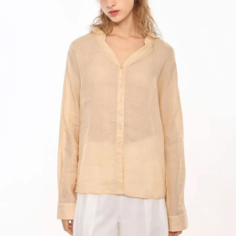 Pure 100% Ramie Shirts Casual Women V-neck Long-sleeved Loose Summer Vacation Sun-protective Lightweight Single-Breasted Blouse